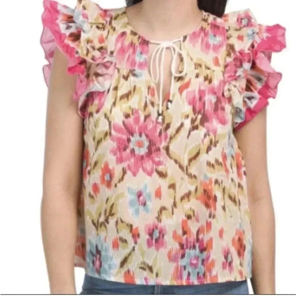 House Of Harlow 1960 Top Womens XS Zoey Khaki Ruffle Sleeve Bohemian NEW 640
